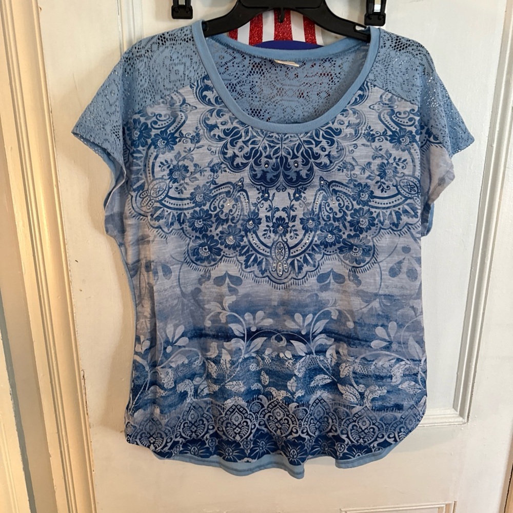 Faded Glory Blue Lace Pattern Blouse xl